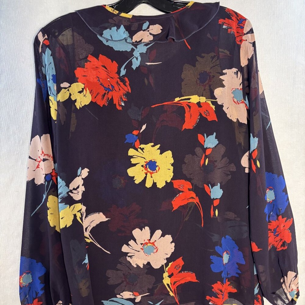 Cabi Floral Long-Sleeve Sheer Blouse With Tie Neck & Elastic Cuffs Womens Size M - Picture 4 of 10